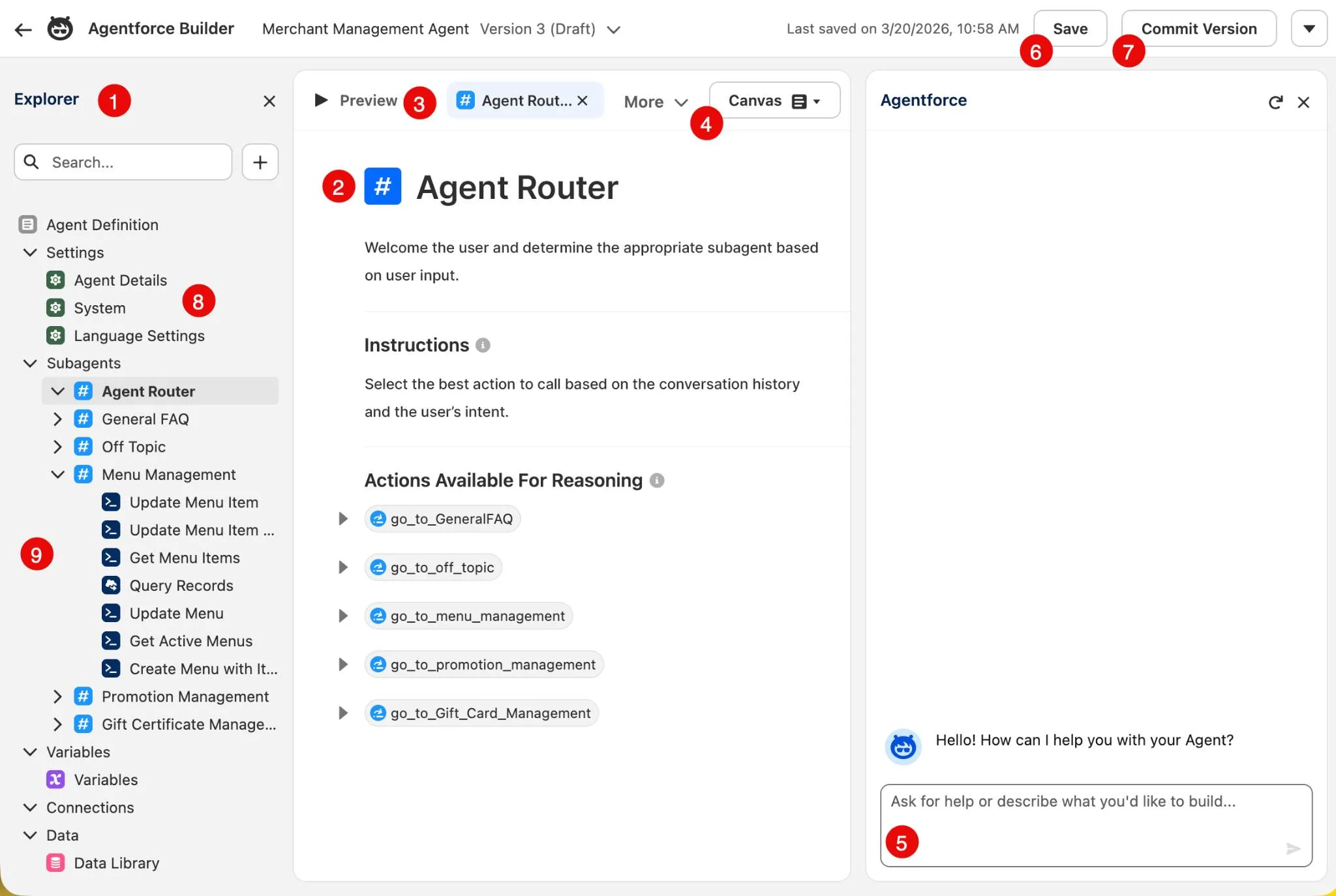 Agentforce Builder interface for configuring and previewing an AI agent