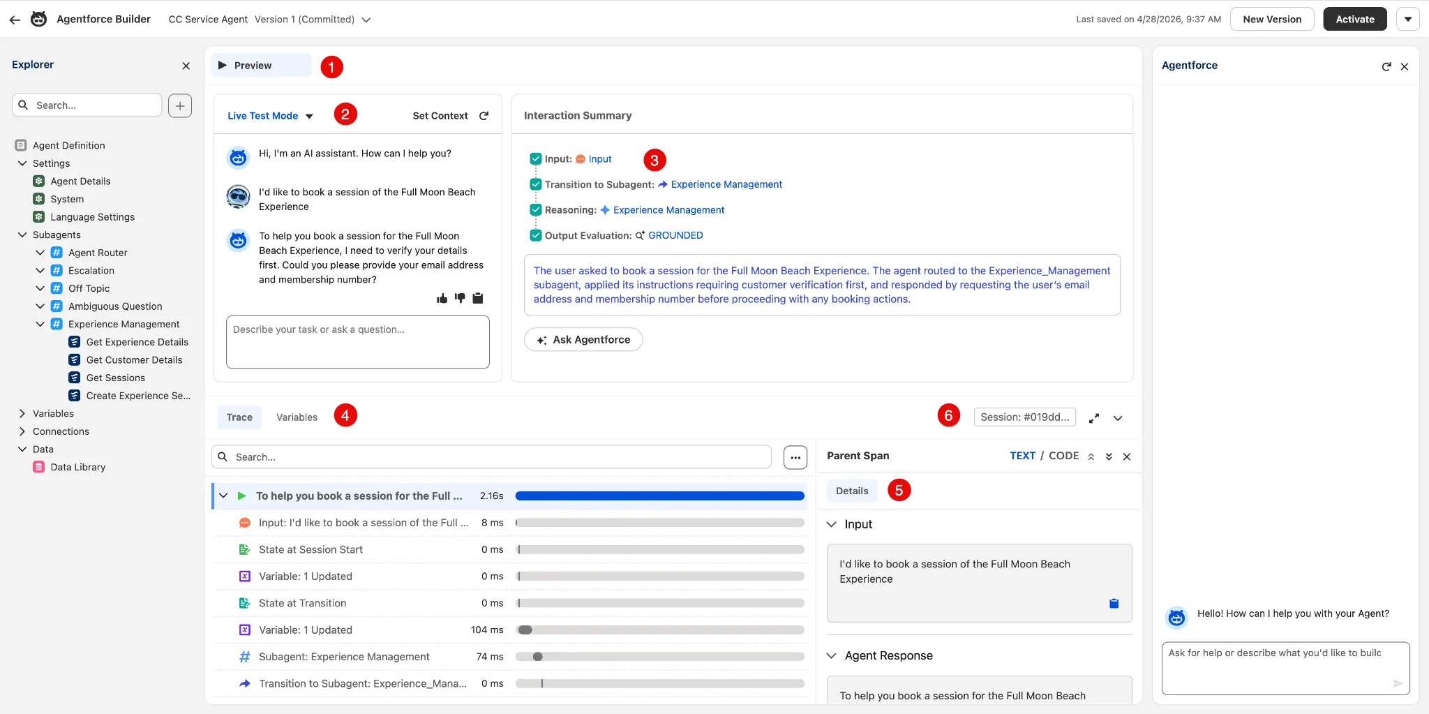 Agentforce Builder preview with interaction summary and session tracing details