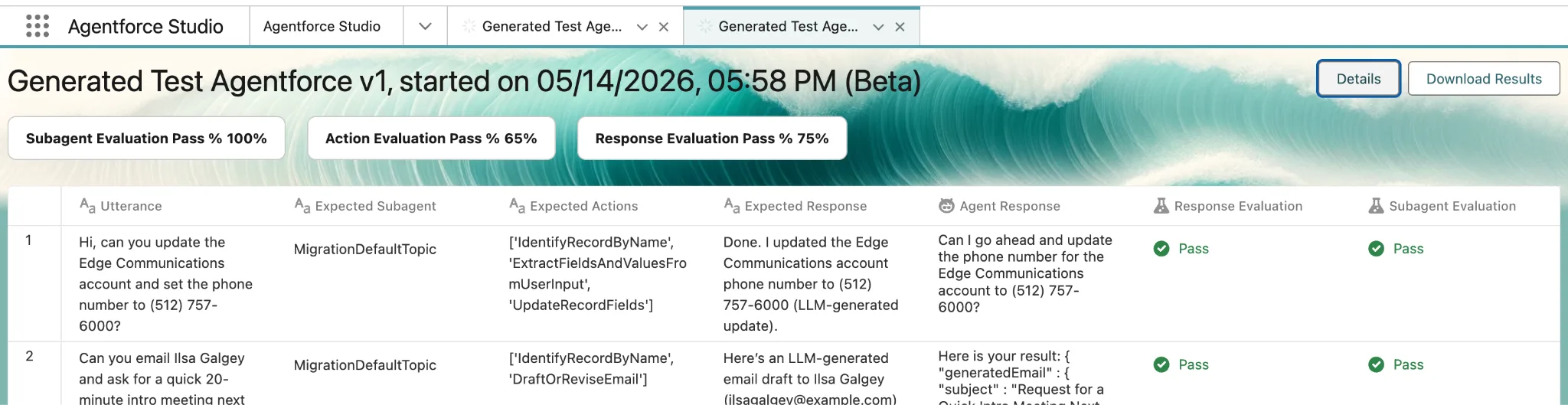 Agentforce Testing Center results with test statuses and result details